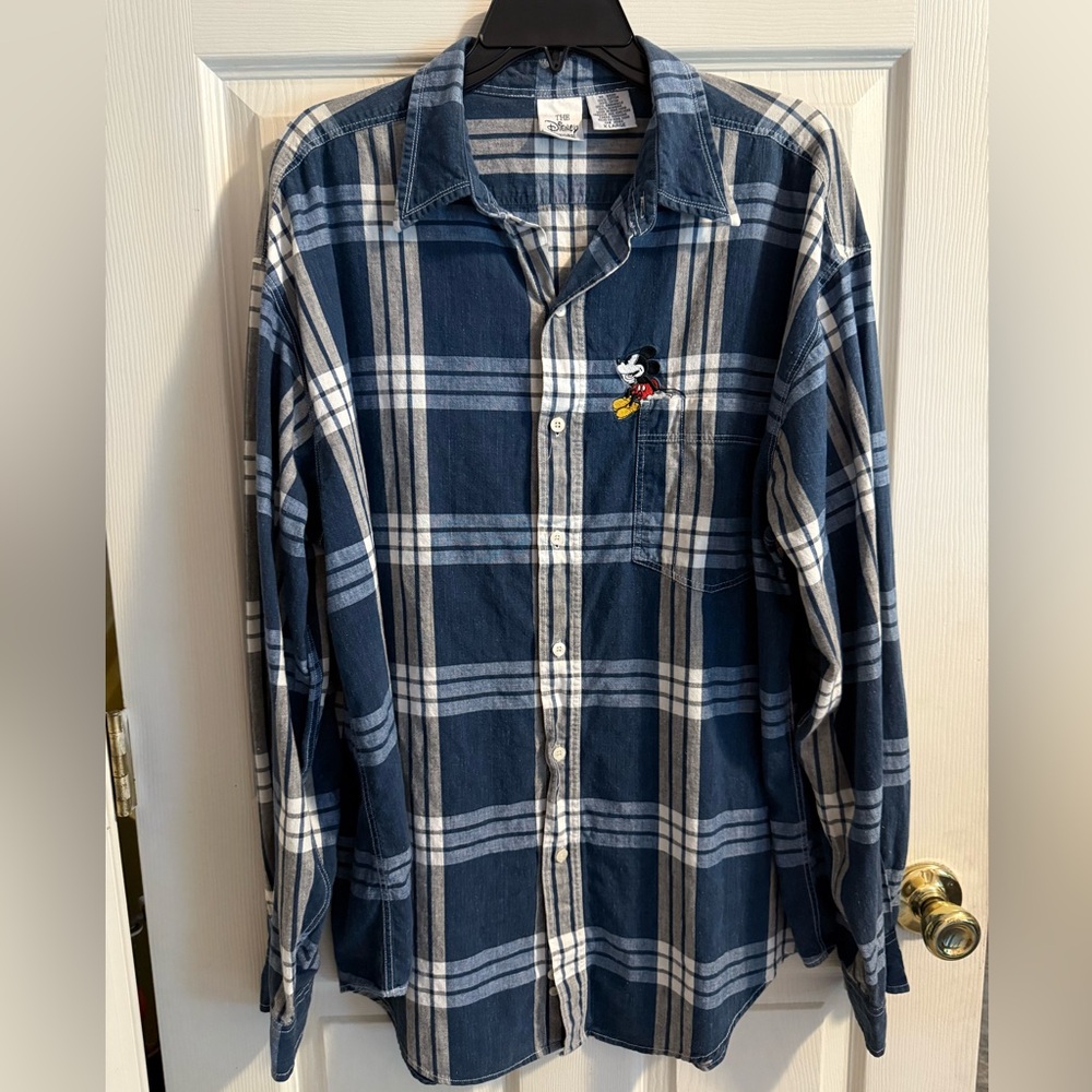 Disney Y2K Mickey Mouse Embroidered pocket Navy & White Plaid Shirt
